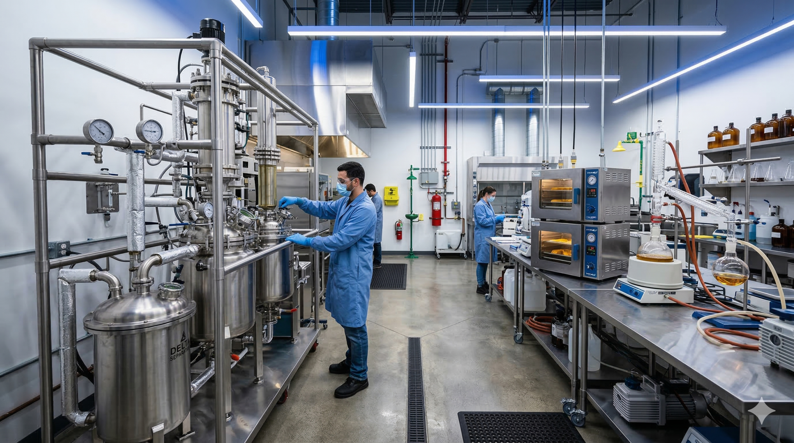 Professional cannabis extraction laboratory with closed loop BHO system, vacuum ovens, and short path distillation equipment