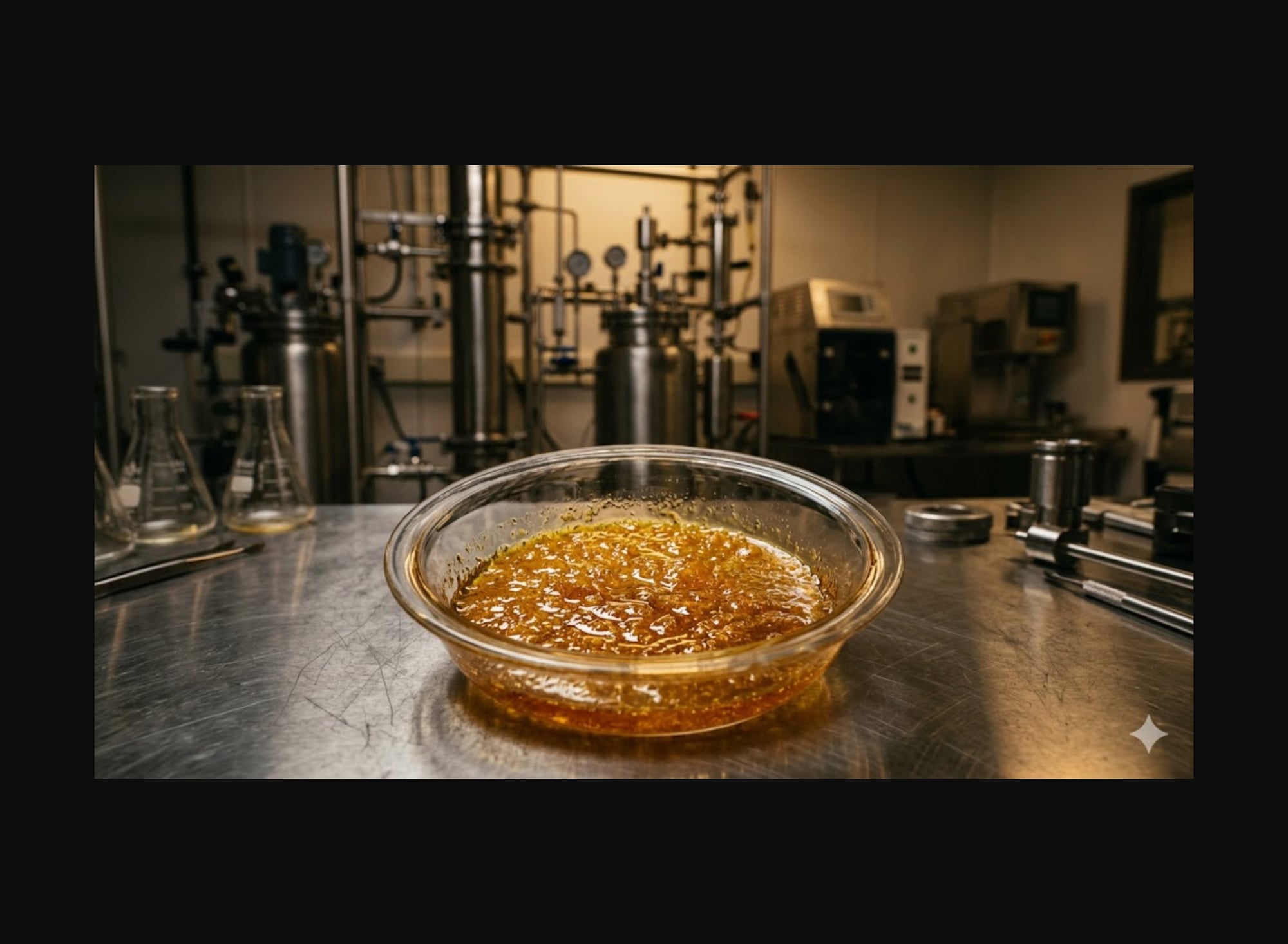 Golden amber live resin concentrate in a Pyrex dish in a professional cannabis extraction laboratory