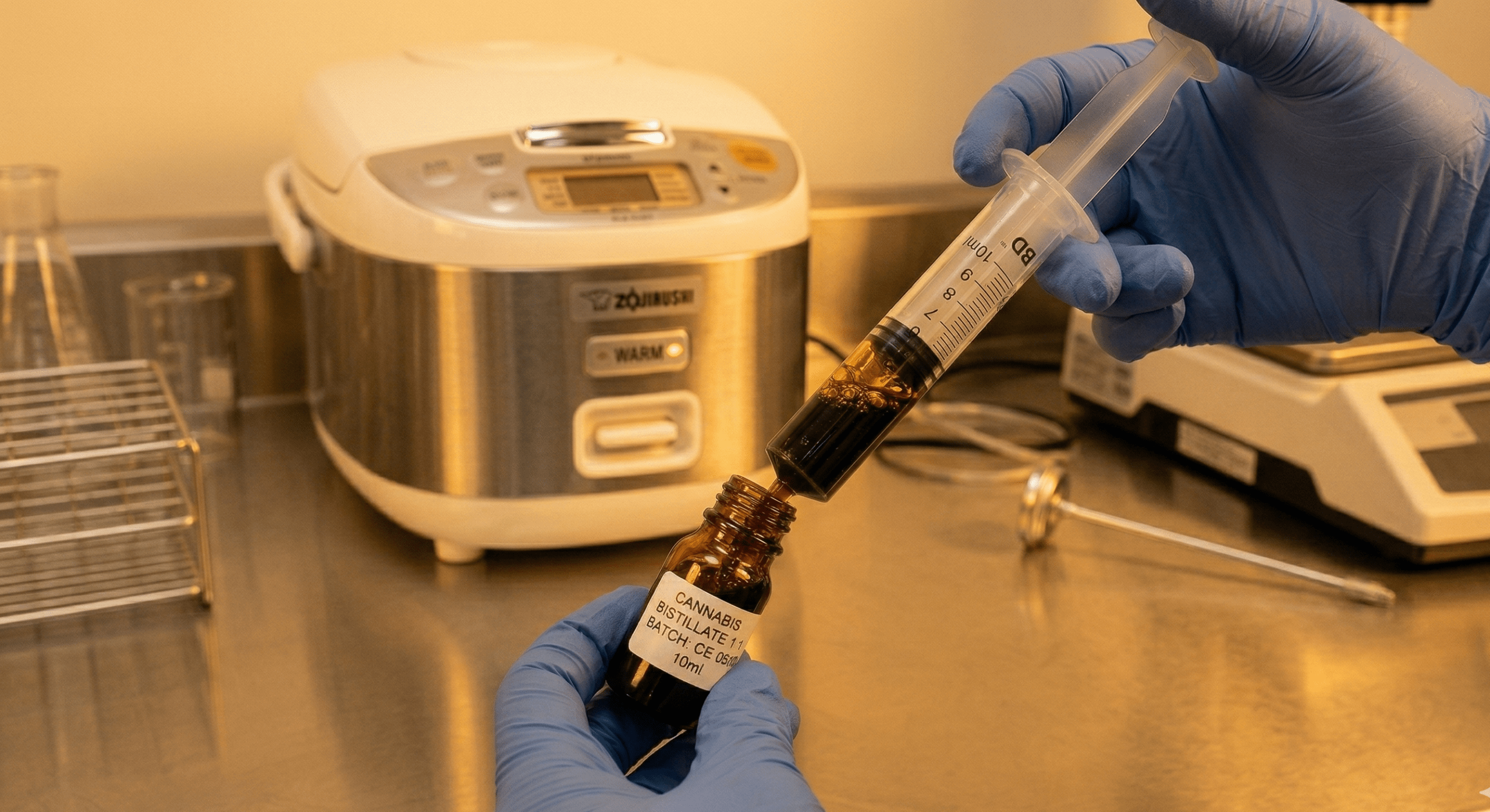 Dark viscous RSO oil being drawn into oral syringe in laboratory setting
