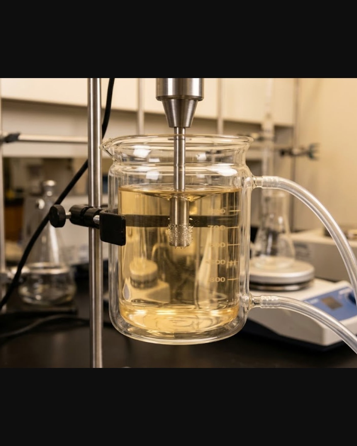 Cannabis nano emulsion in a jacketed beaker with ultrasonic probe during sonication