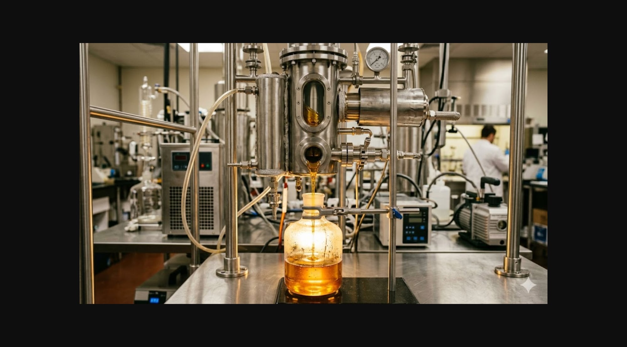 Wiped film distillation evaporator collecting golden cannabis distillate in a professional extraction laboratory