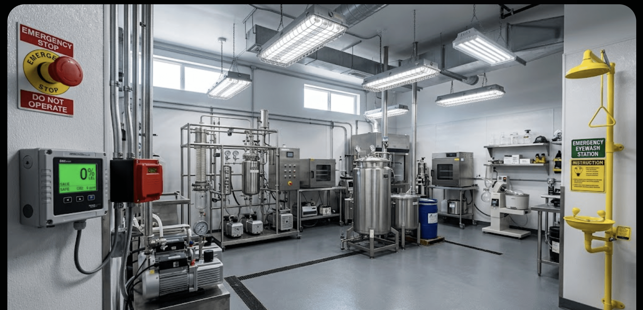 Safety equipment extraction lab showing LEL gas detector, explosion-proof fixtures, emergency shutoff, and eyewash station