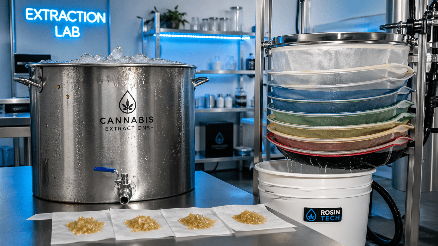 Ice water hash extraction setup showing stainless steel wash vessel, colorful micron filter bags draining into bucket, and golden trichome resin on parchment paper in a professional cannabis extraction lab