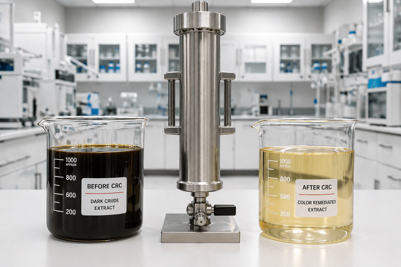 Color remediation column CRC before and after cannabis extract comparison