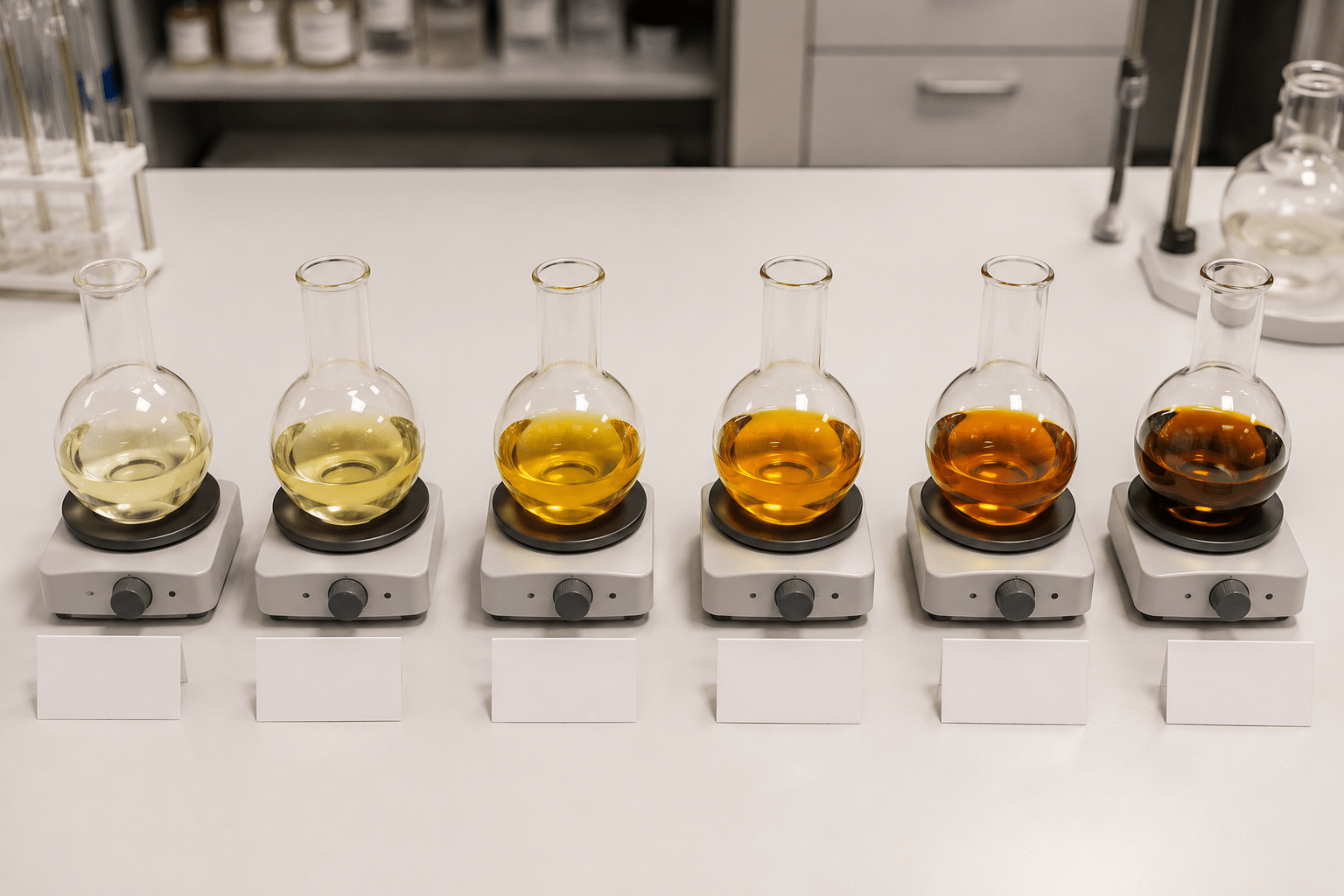Six round-bottom flasks on magnetic stir plates showing different acid catalyst isomerization reactions from pale yellow to deep amber