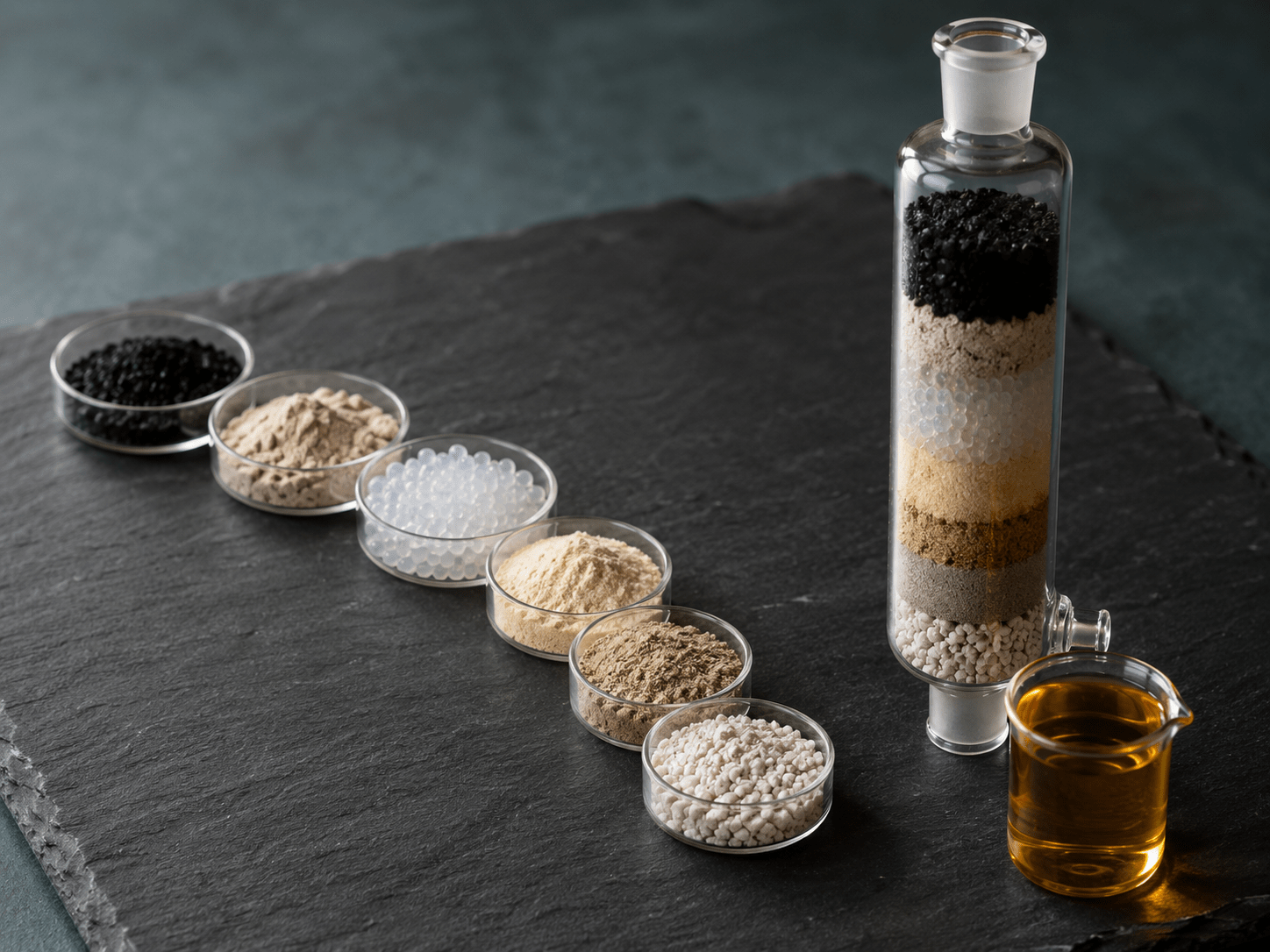 Cannabis CRC filtration media comparison showing activated carbon, bentonite clay, silica gel, alumina, and diatomaceous earth in petri dishes beside a layered CRC column and amber cannabis oil