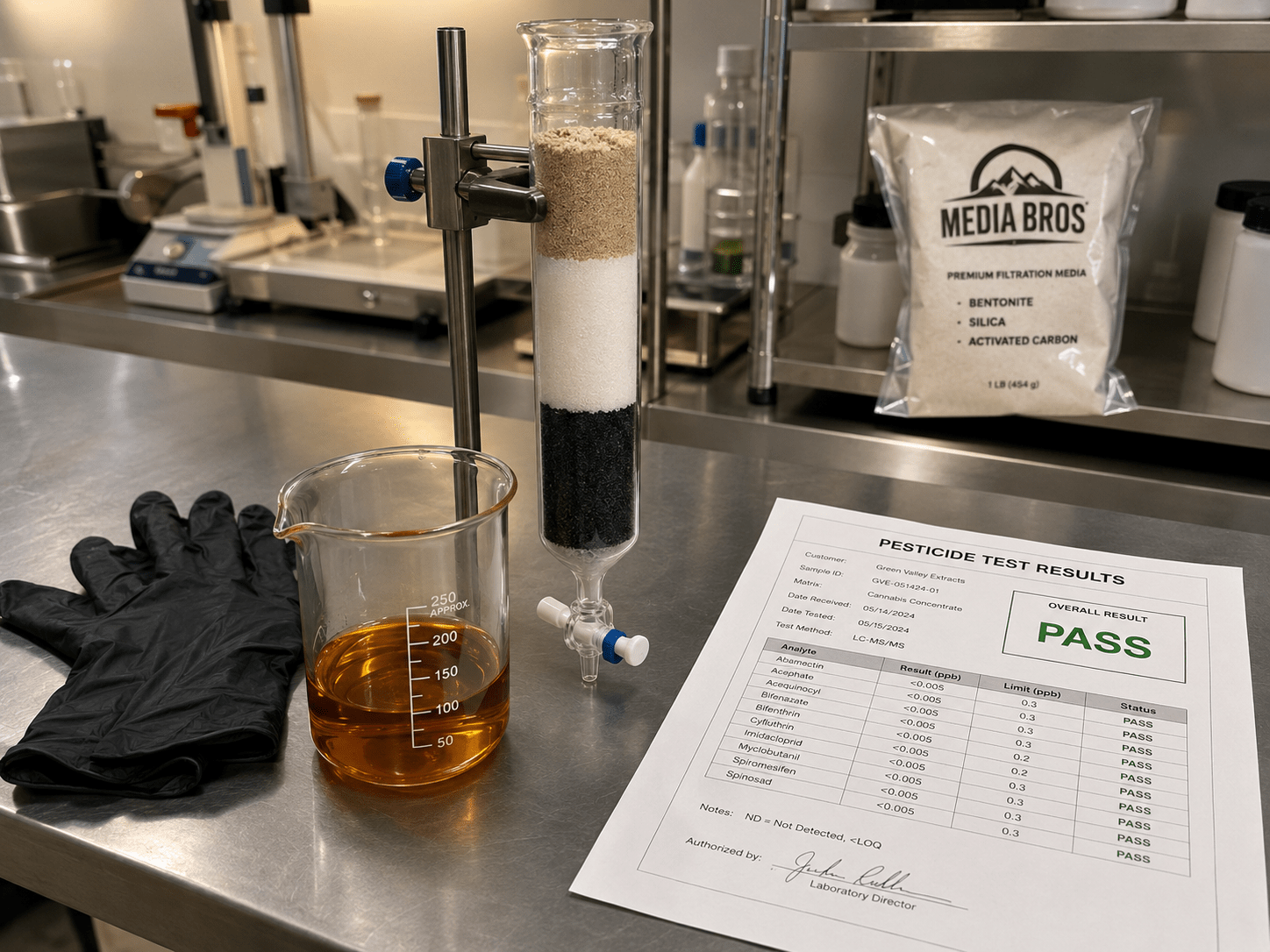 Cannabis pesticide remediation lab workbench with chromatography column packed with activated carbon silica and bentonite amber extract in beaker and pesticide test results showing PASS