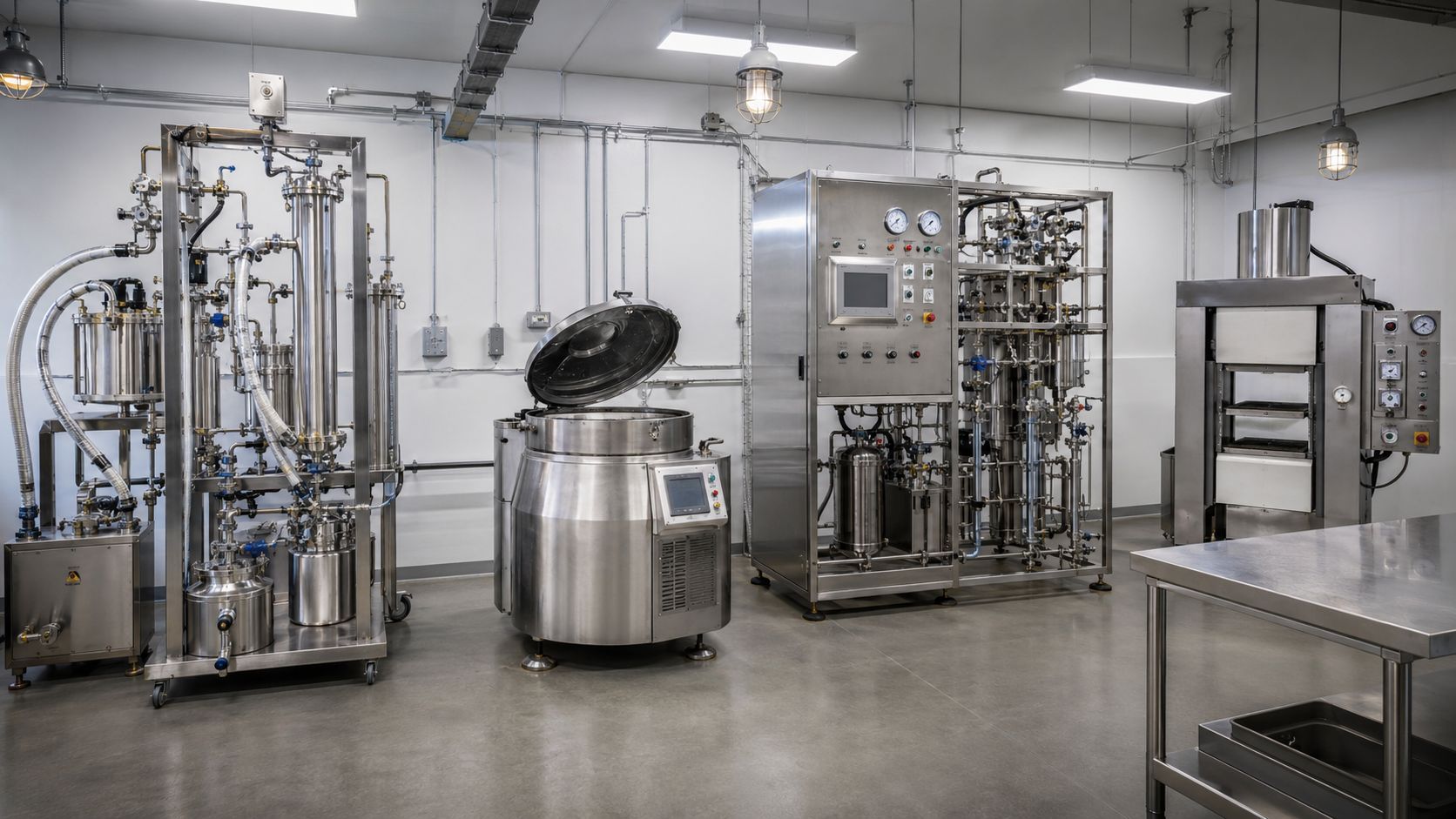 Cannabis extraction lab showing BHO, ethanol, CO2, and rosin press systems