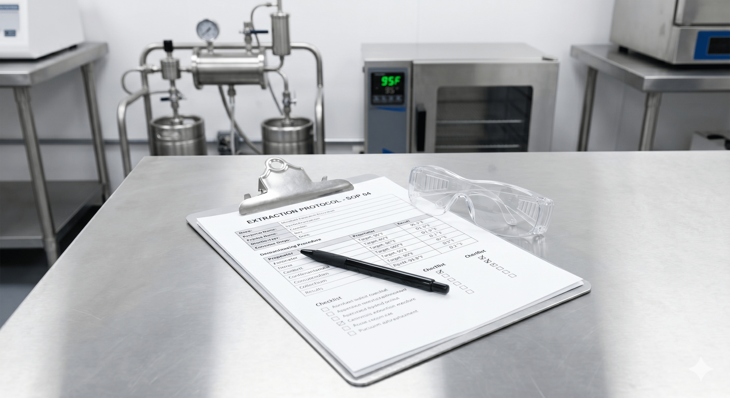 Cannabis extraction SOP template on clipboard with parameter checklist, safety glasses, and lab equipment including vacuum oven at 95F