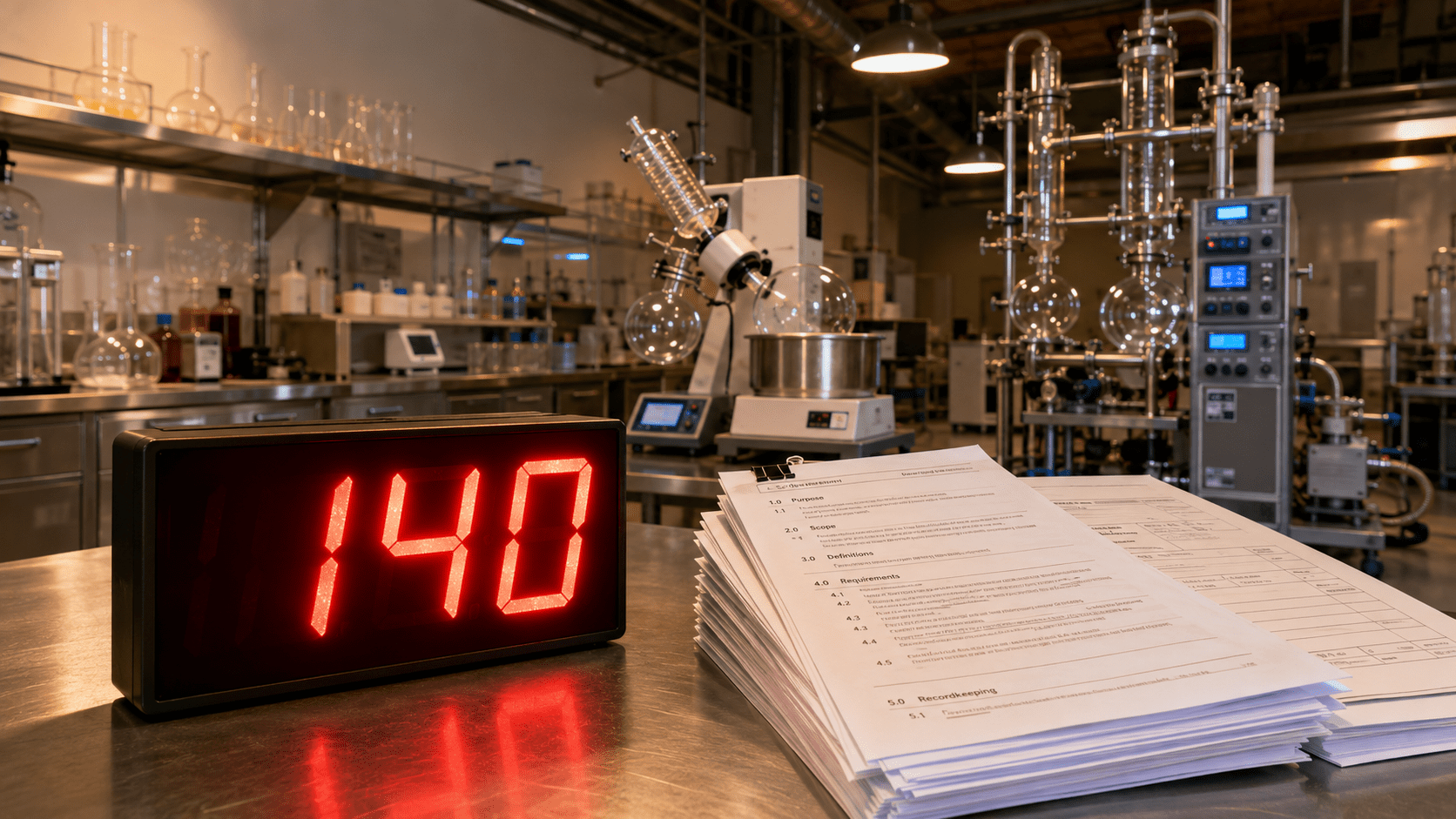 Extraction laboratory with red 140-day countdown clock and regulatory compliance documents — 2026 intoxicating hemp ban deadline for operators