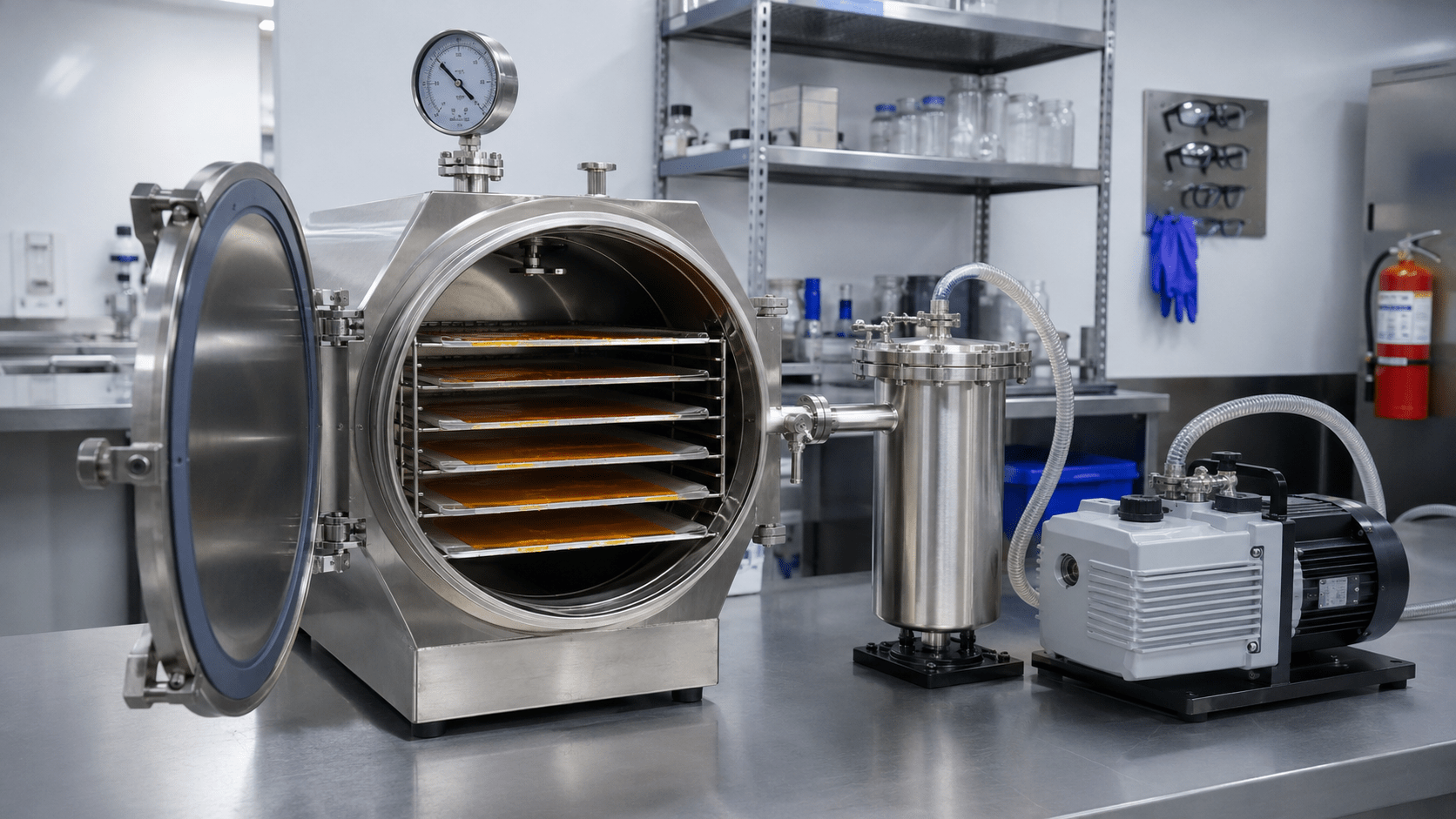 Cannabis extraction lab vacuum oven purging station with shelving trays and vacuum pump for residual solvent removal