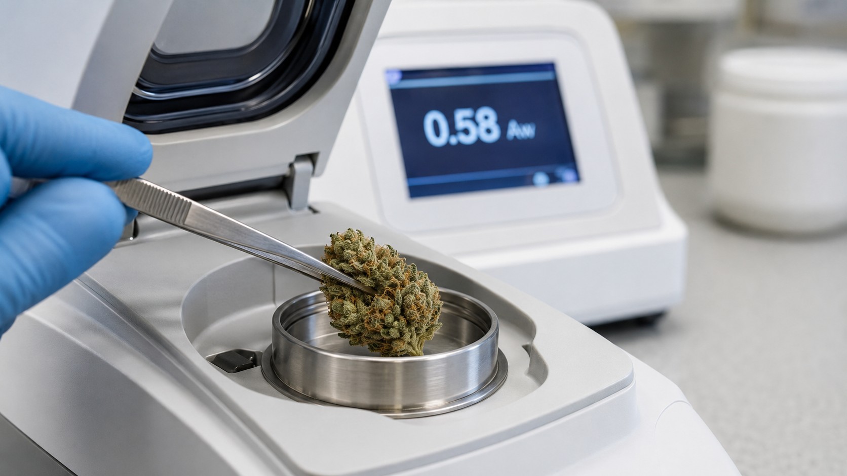Cannabis water activity measurement with Aqualab meter showing 0.58 Aw for extraction quality control