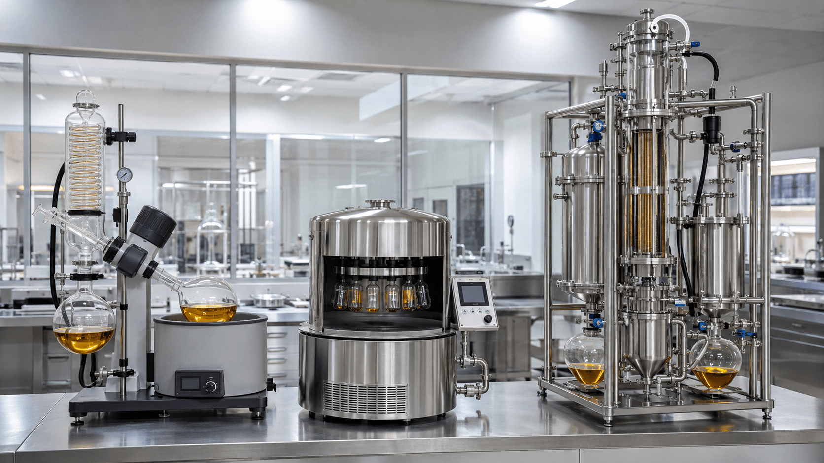 Cannabis extraction solvent recovery systems: rotovap, falling film evaporator, and centrifugal evaporator in a professional laboratory setting