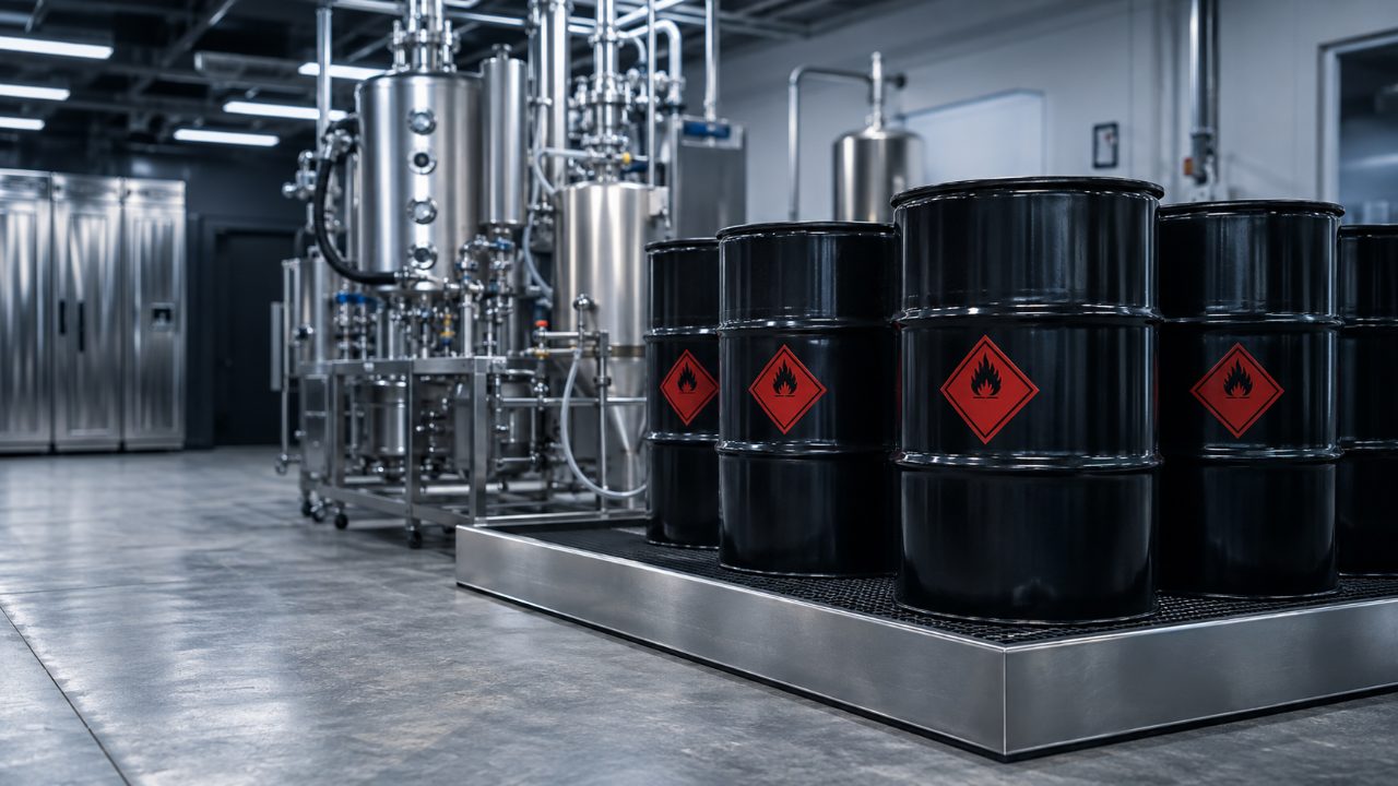Cannabis extraction facility hazardous waste storage with labeled solvent drums on secondary containment