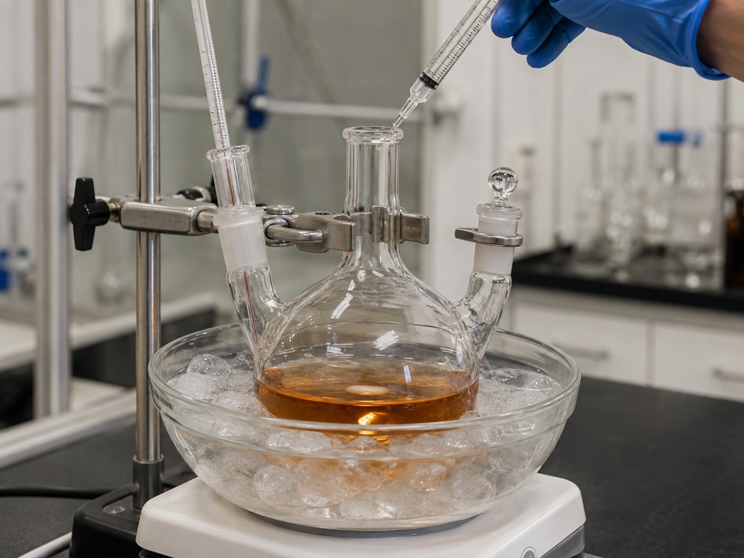 Boron trifluoride acetic acid complex being added by glass syringe through the center neck of a 3-neck round-bottom flask in an ice-water bath, thermometer in the side neck, during CBD to THC isomerization