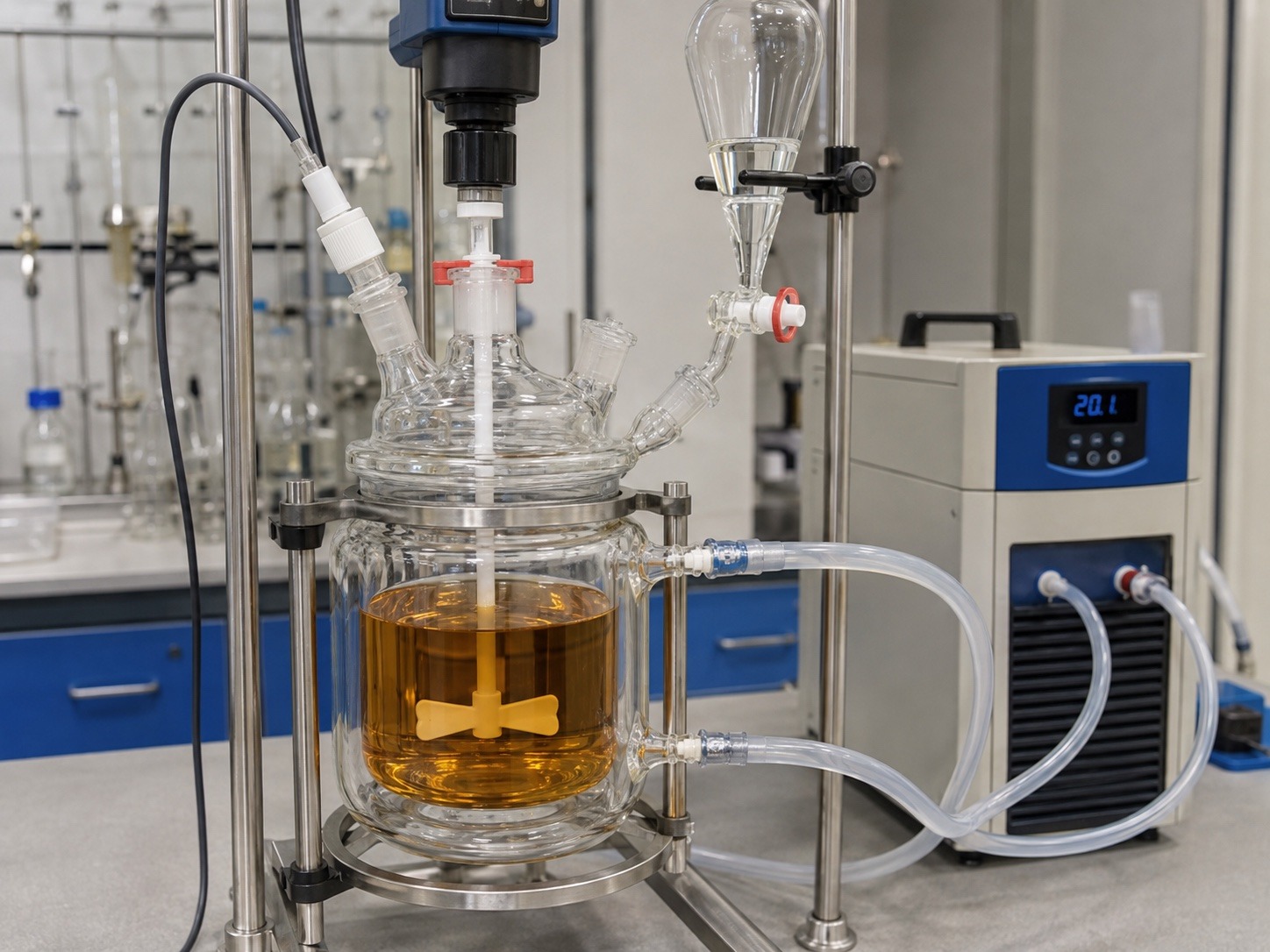 Jacketed glass reactor with an overhead stirrer and addition funnel, plumbed to a recirculating chiller, holding amber CBD-in-heptane solution for temperature-controlled isomerization