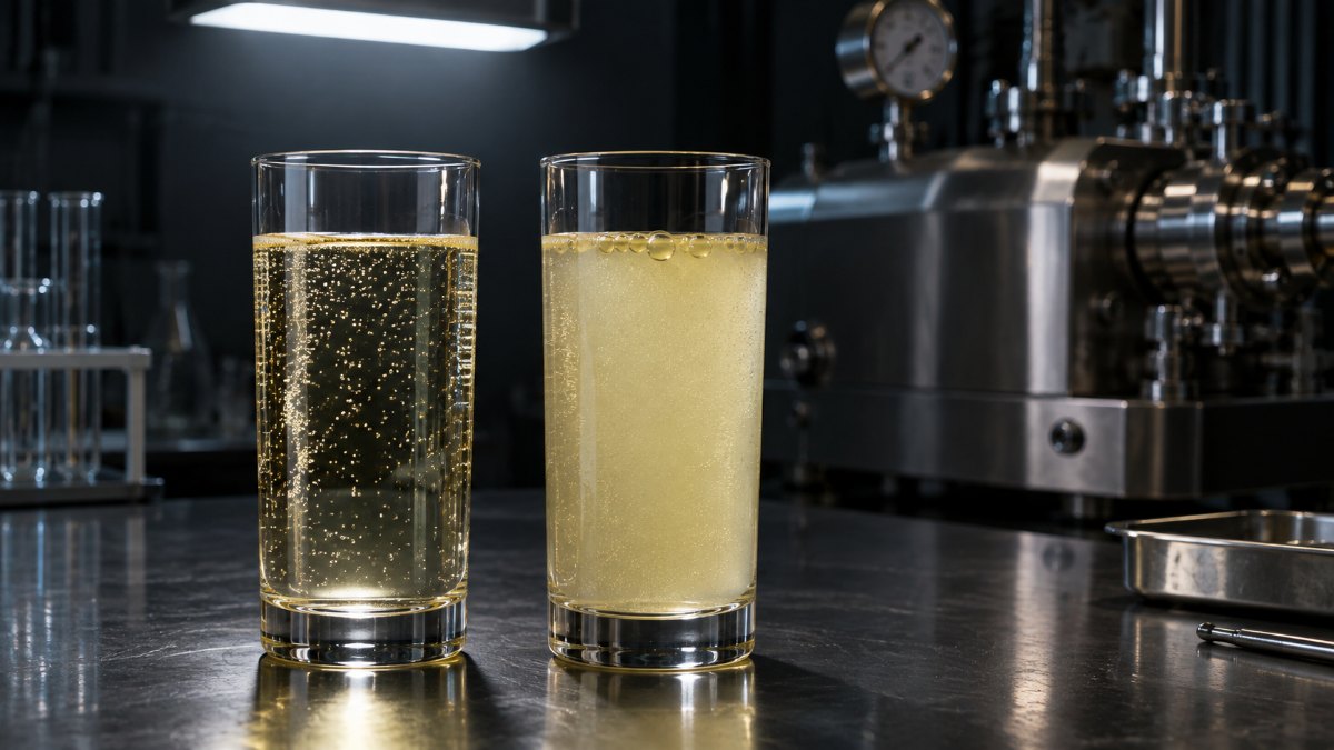 Cannabis beverage formulation: a clear, stable nano emulsion seltzer beside a cloudy failed emulsion with oil beading at the meniscus, high-pressure homogenizer in the background