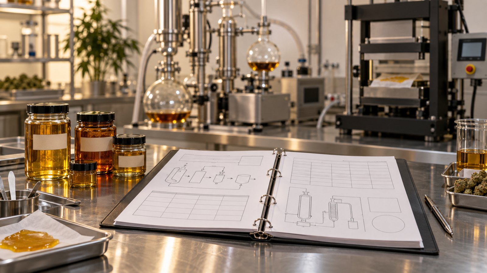 Cannabis extraction glossary reference binder on a lab bench with jars of extract, distillation glassware, and a rosin press