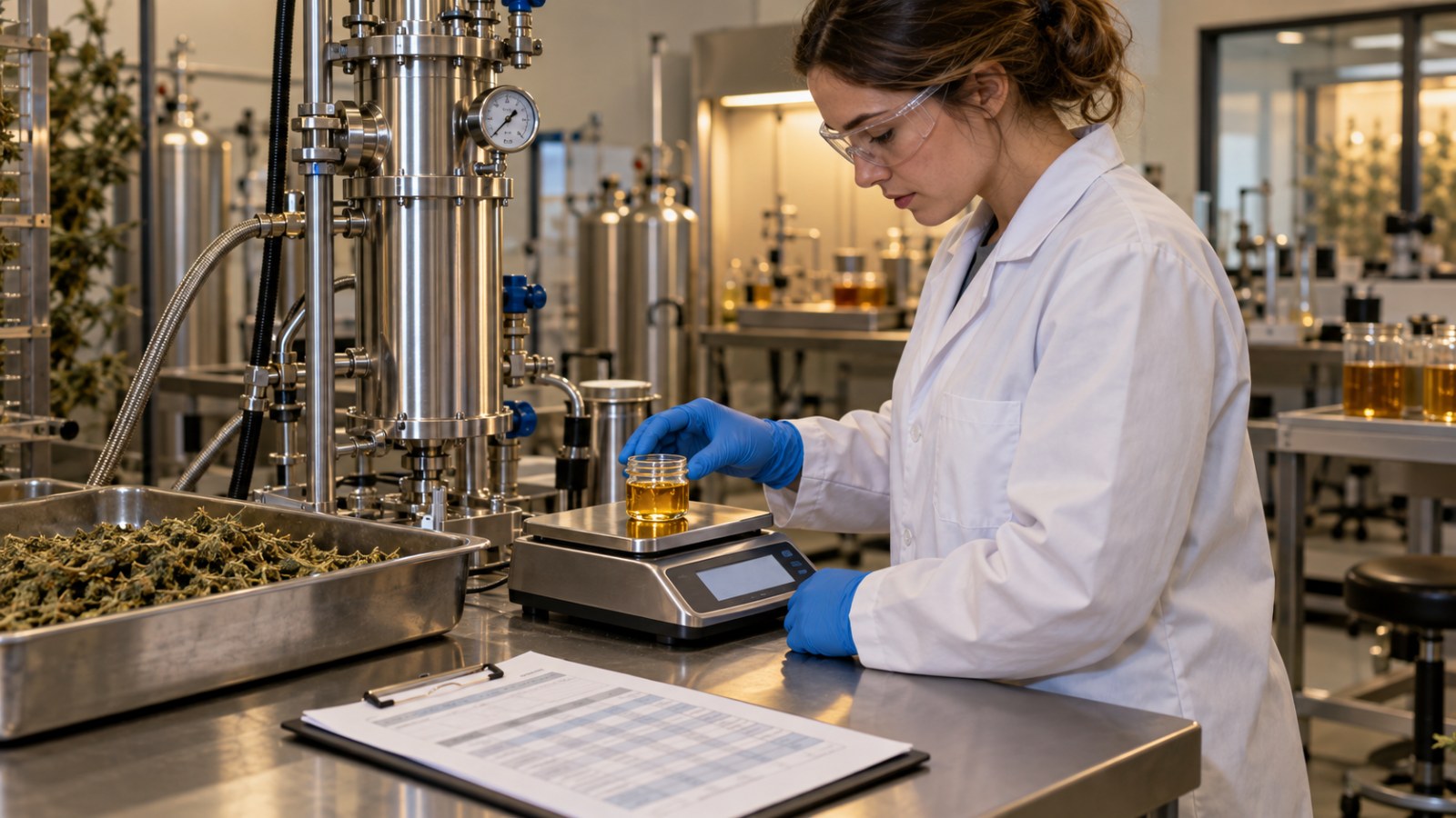 Extraction lab technician weighing a jar of golden crude extract on a bench scale next to a closed loop column and a tray of spent biomass