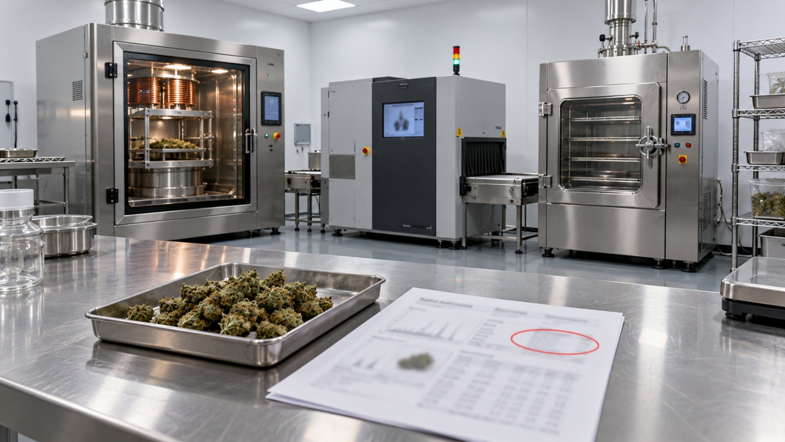 Cannabis remediation methods compared: radio frequency chamber, X-ray cabinet, and vacuum oven behind a failed flower lot and its lab result sheet