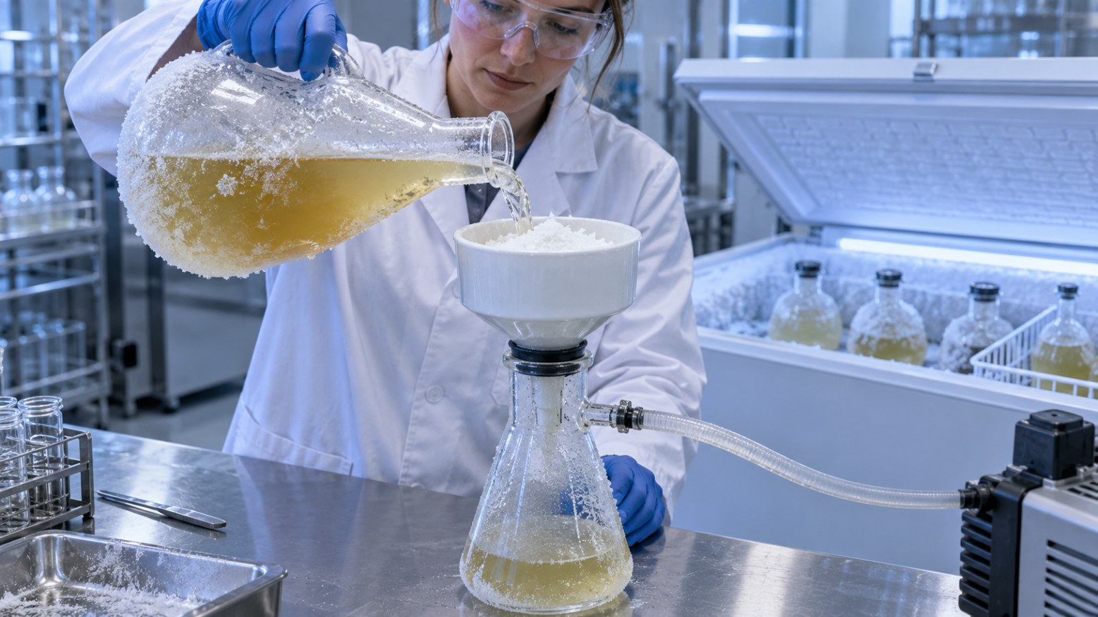 Lab technician pouring cold winterized ethanol miscella through a Buchner funnel with a white wax filter cake, chest freezer of chilled flasks behind