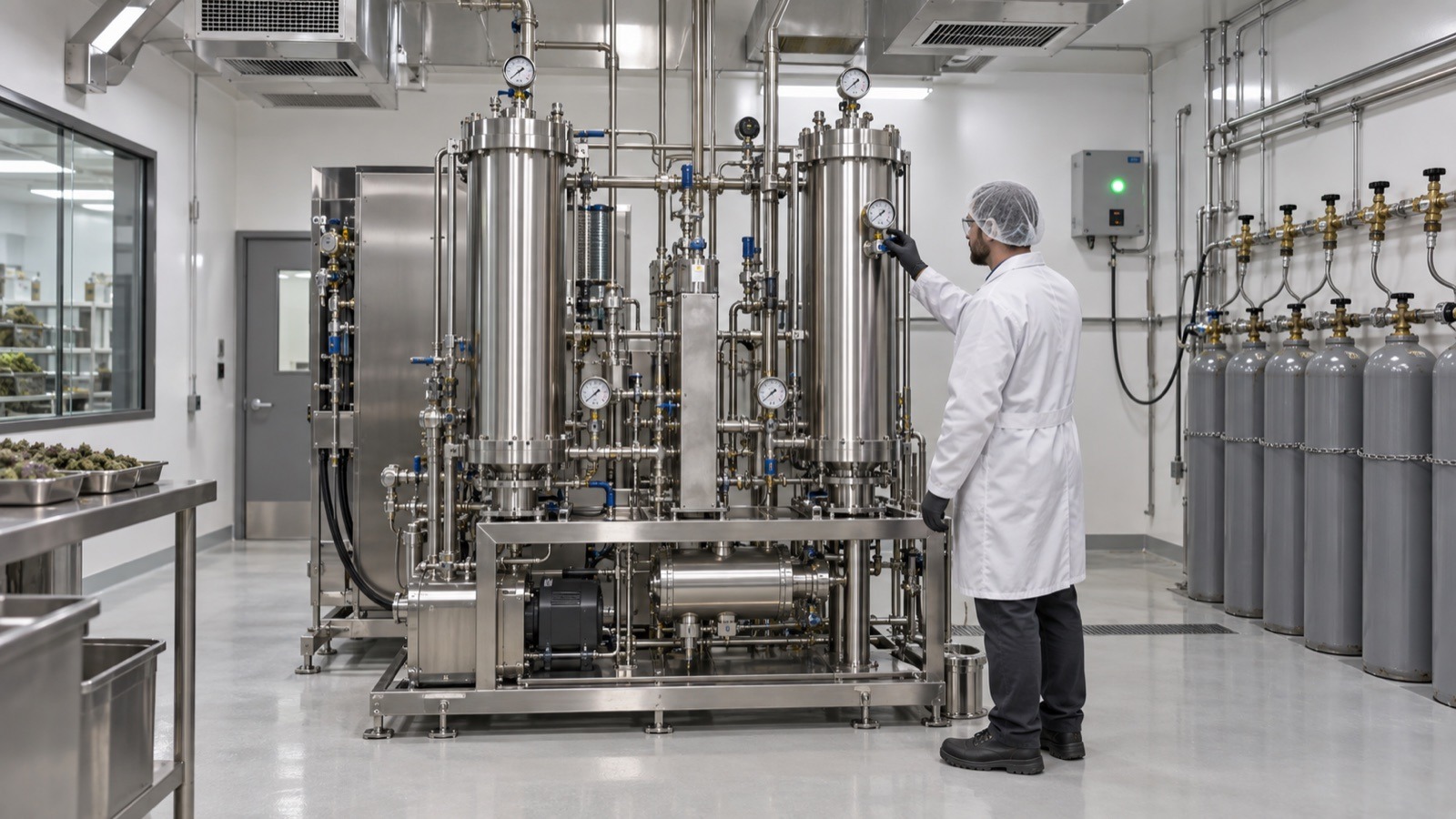 CO2 extraction room design with a supercritical CO2 system, gas monitor, exhaust grilles and a cylinder manifold