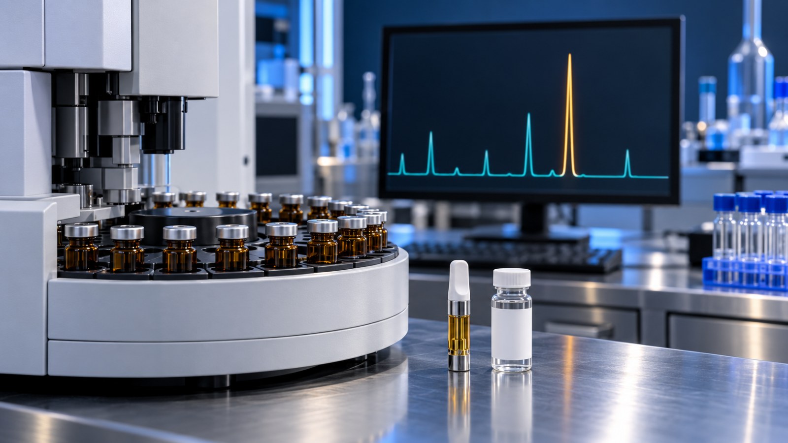 Headspace GC autosampler with amber vials, a vape cartridge and a sample vial on a lab bench, chromatogram with one amber peak on the monitor