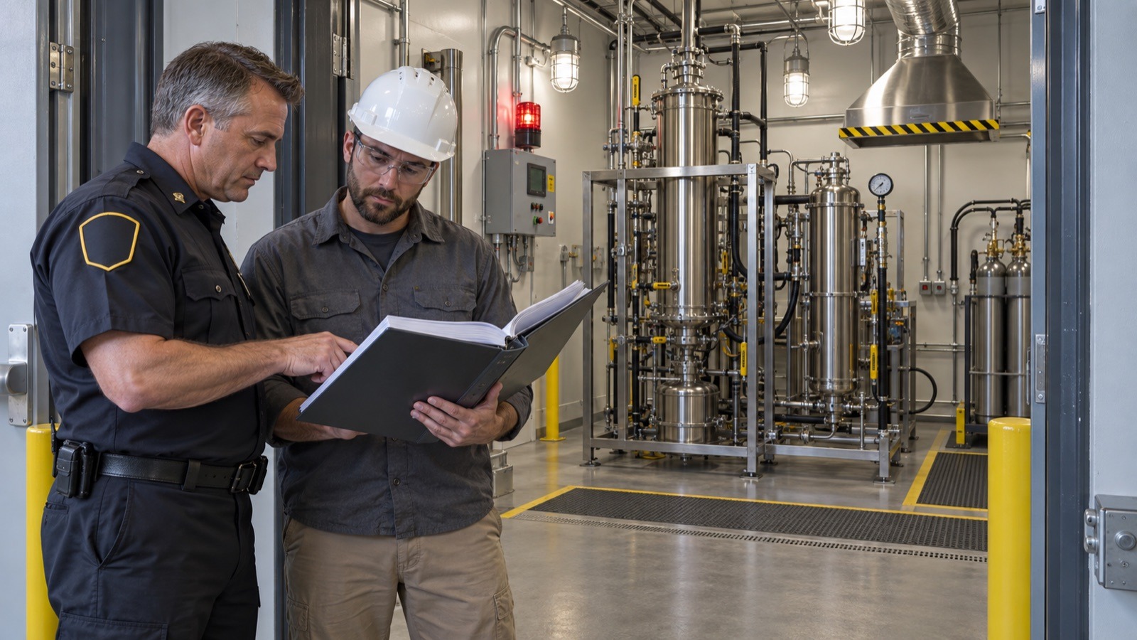 Fire marshal and engineer reviewing the IFC Chapter 39 technical report at the door of a cannabis extraction room