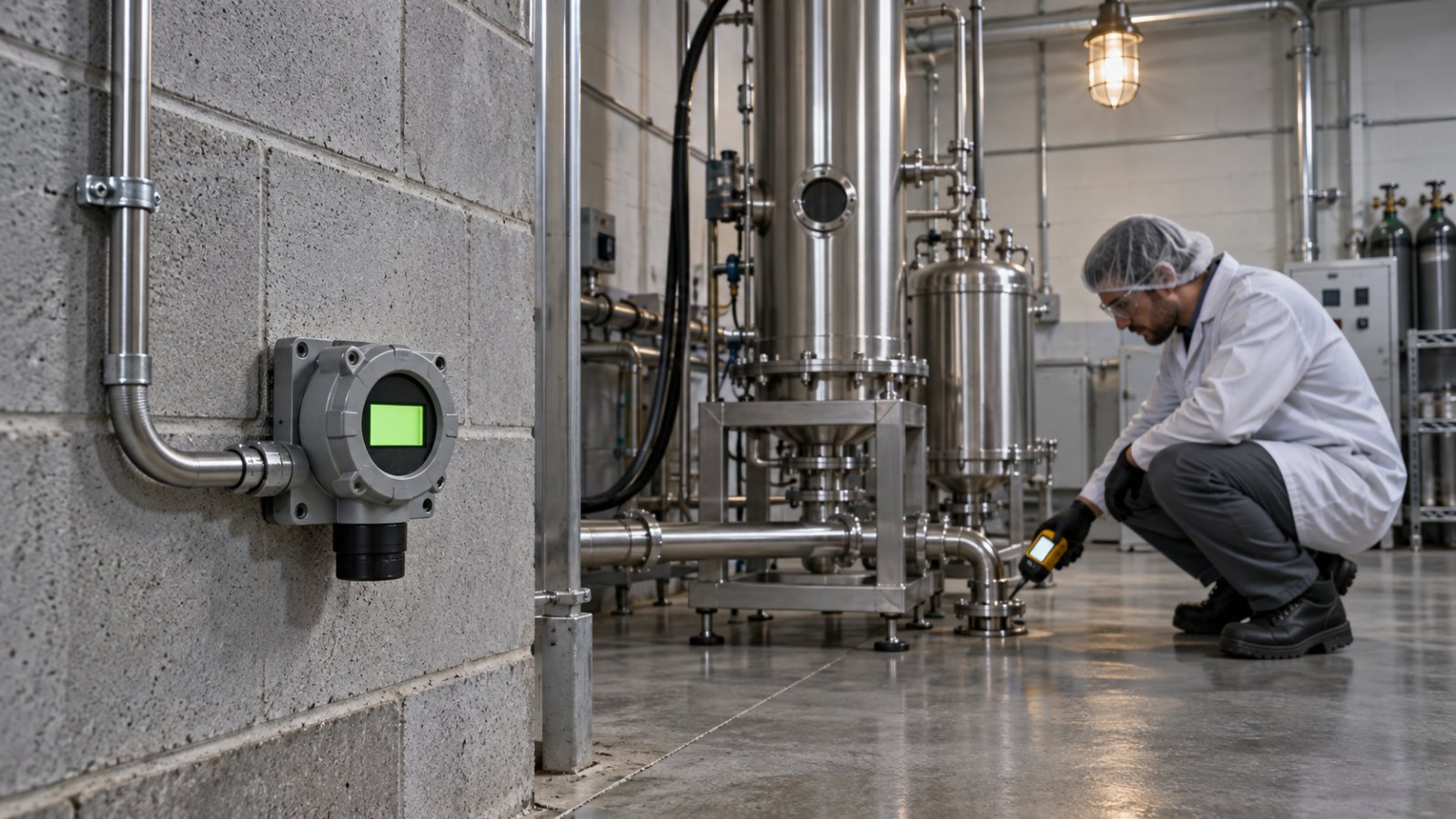 Fixed LEL gas detector mounted low on an extraction room wall while a technician checks a pipe fitting with a portable monitor