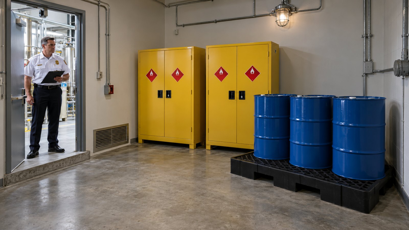 Cannabis solvent storage room with yellow flammable liquid cabinets, ethanol drums on a spill pallet, and a fire inspector at the door