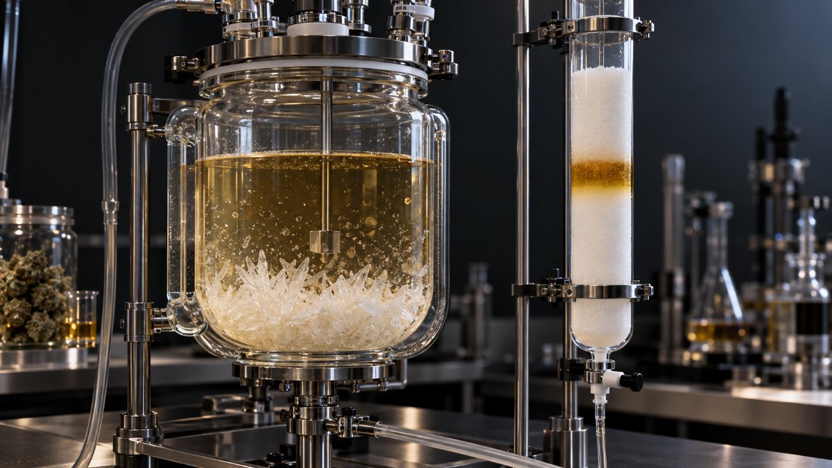THC remediation of hemp extract: CBD crystallization reactor beside a flash chromatography column separating THC from CBD