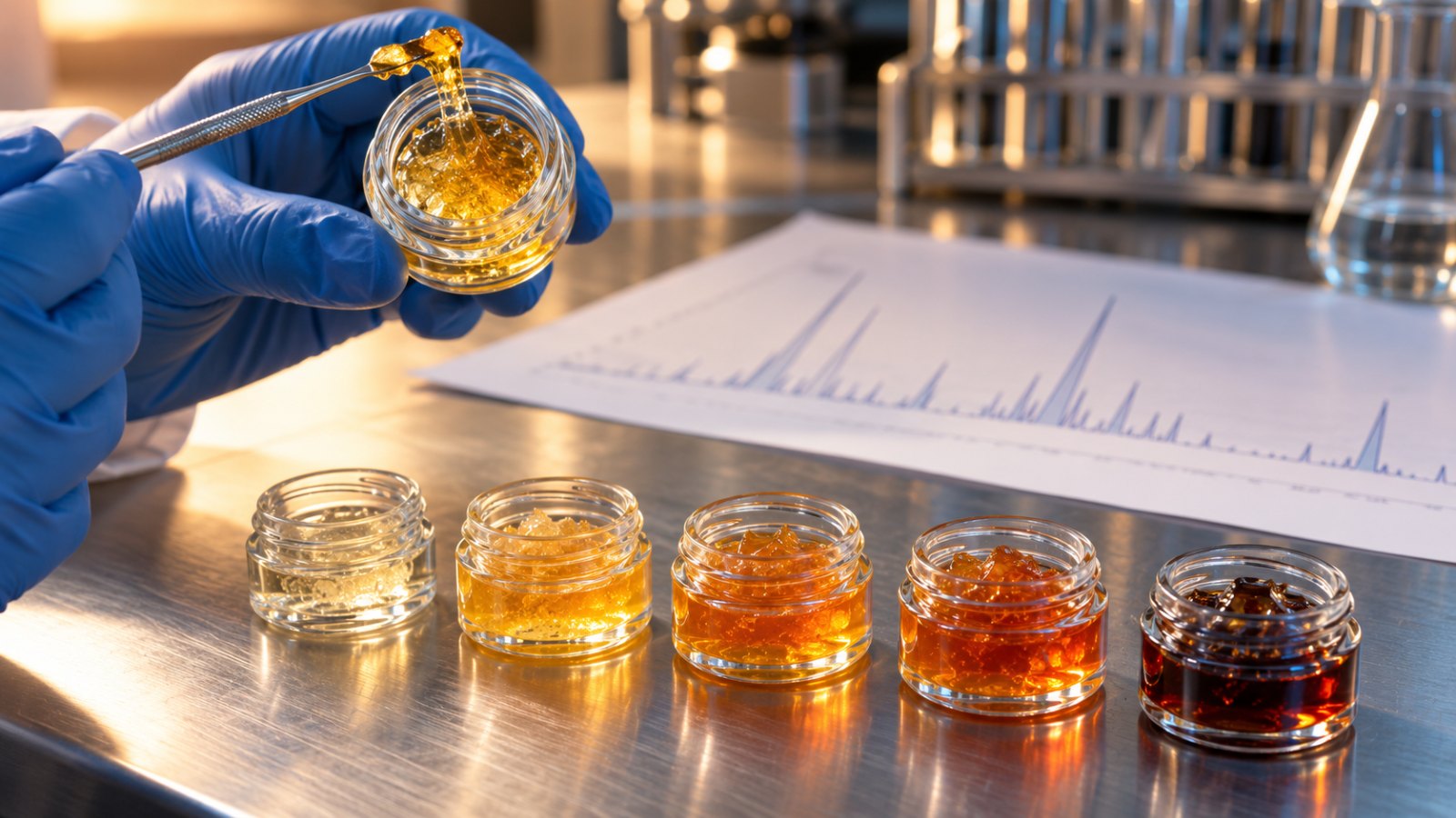 Cannabis concentrate off-flavors troubleshooting: five jars from pale gold to dark amber beside a chromatogram