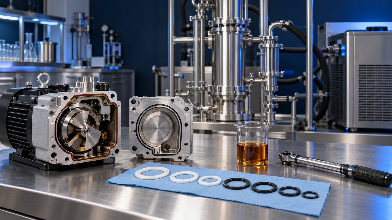 Disassembled rotary vane vacuum pump, new PTFE and fluoroelastomer tri-clamp gaskets, a beaker of pump oil and a torque wrench on a stainless bench in front of a closed-loop extractor and chiller