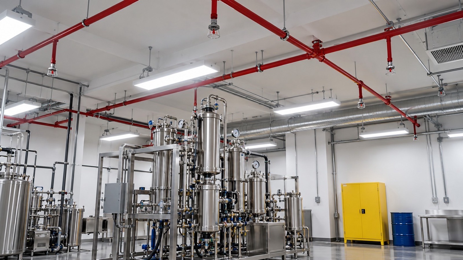 Red NFPA 13 sprinkler piping with pendent heads above a closed-loop extraction skid, flammable liquids cabinet and drum in a cannabis extraction lab