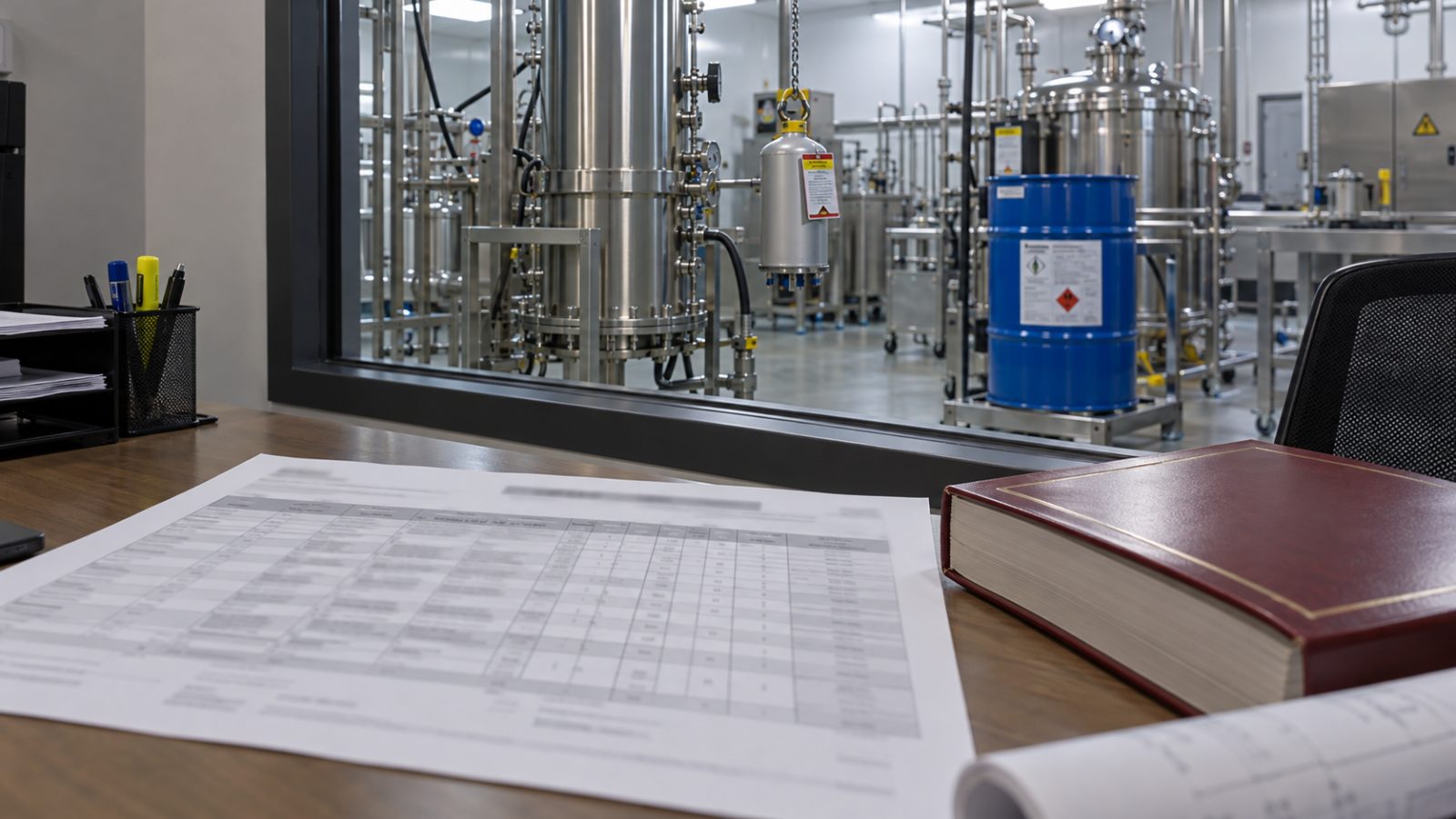 Hazardous materials inventory statement on a plan-review desk with a cannabis extraction room, butane cylinder and ethanol drum behind glass