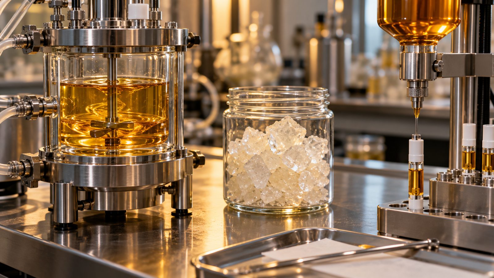 Decarbed THCA oil stirring in a jacketed reactor beside a jar of THCA diamonds and a ceramic cartridge being filled with liquid diamonds