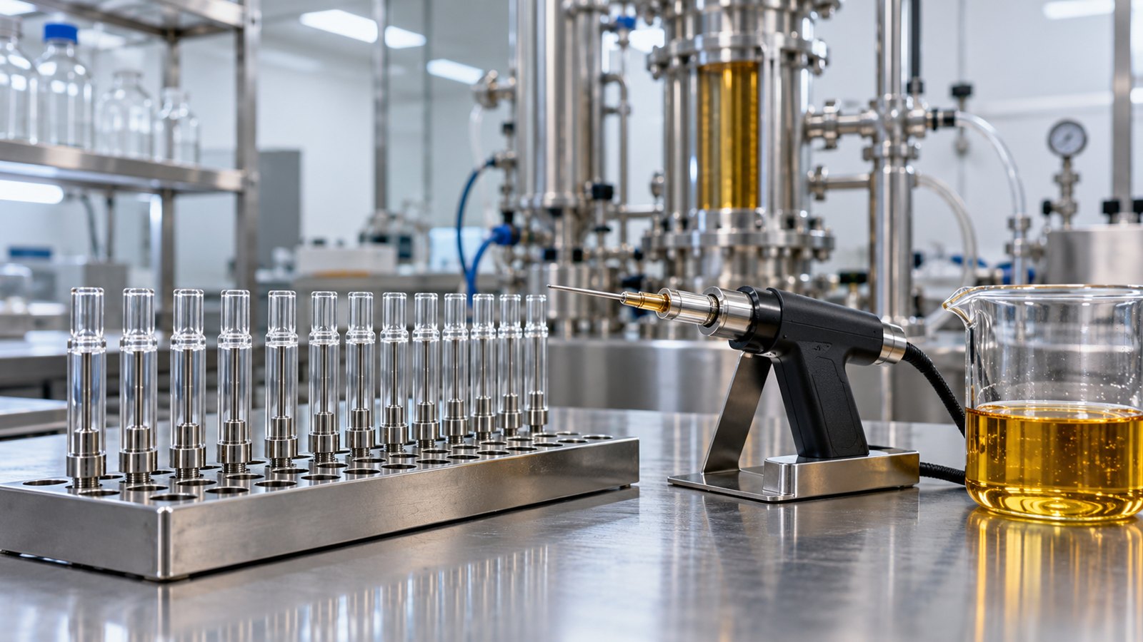 Empty 510 vape cartridges in a filling rack with a heated filling gun and live resin oil in an extraction lab