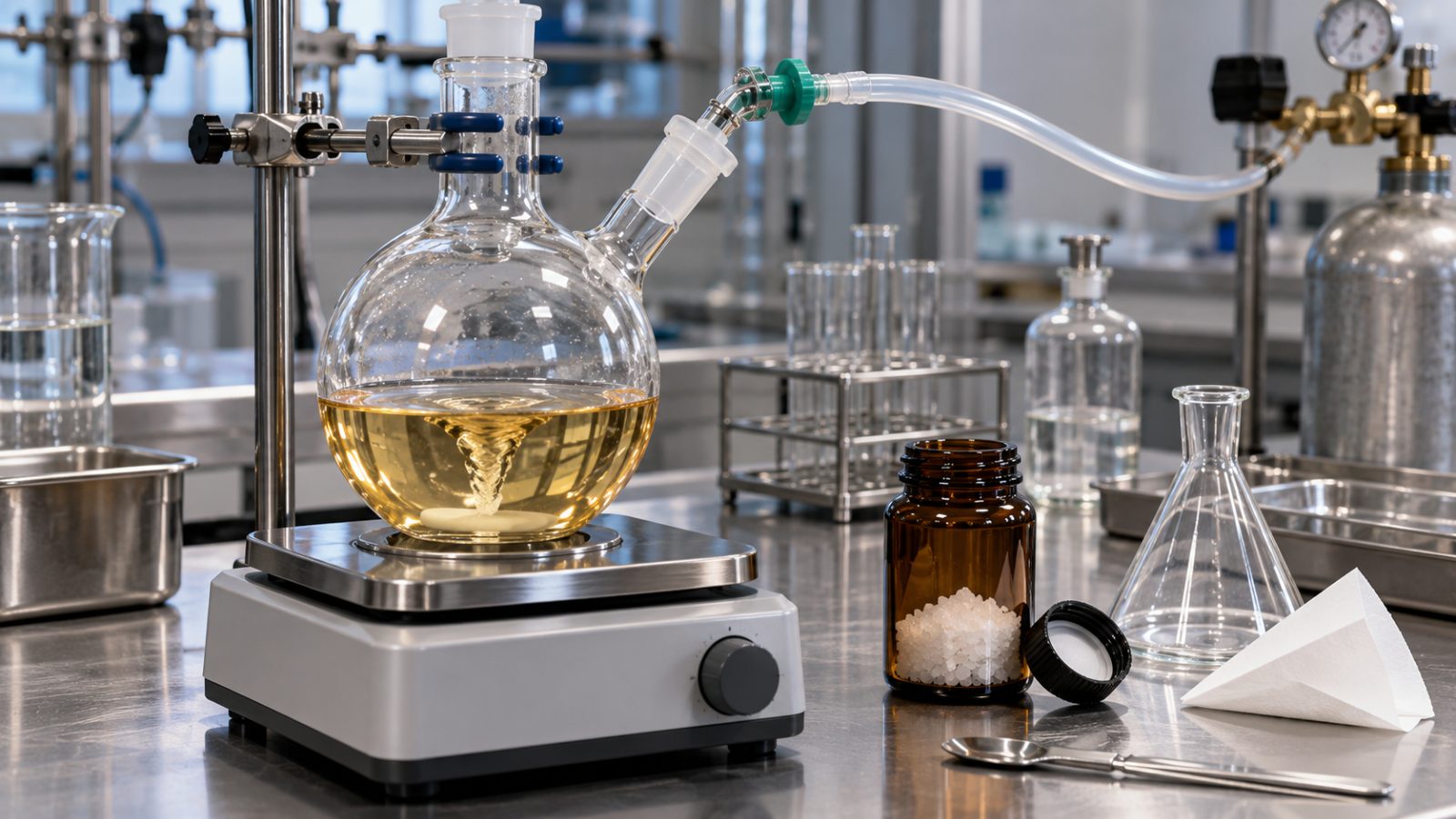 Lewis acid catalyst crystals beside a flask of CBD oil, the setup for CBD to THC isomerization