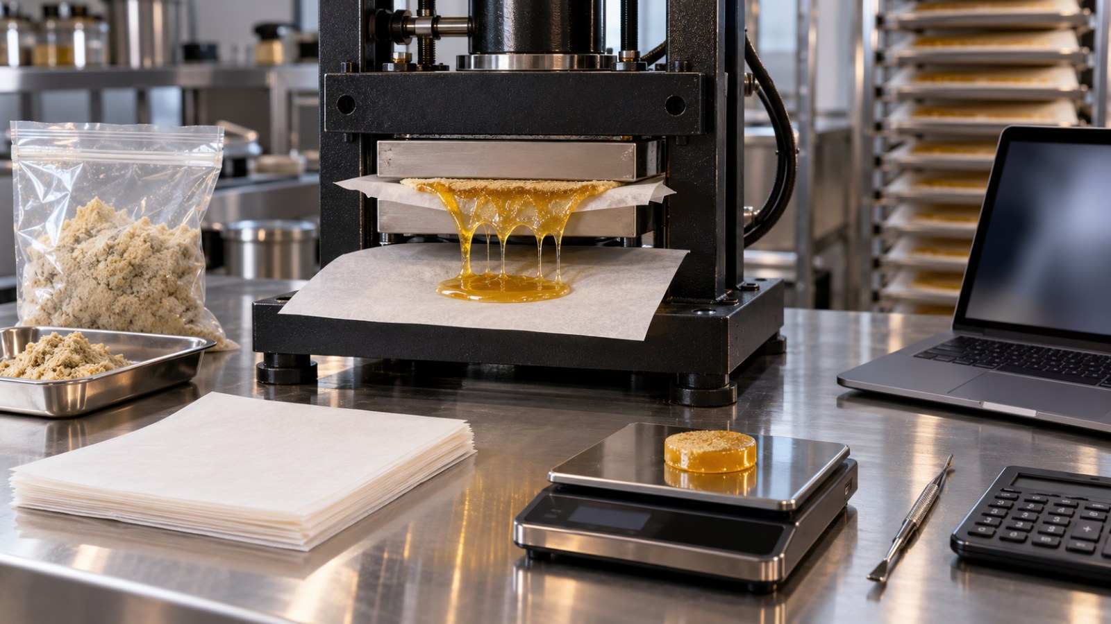 Hydraulic rosin press flowing live rosin onto parchment beside a scale, hash bag and laptop on a production bench
