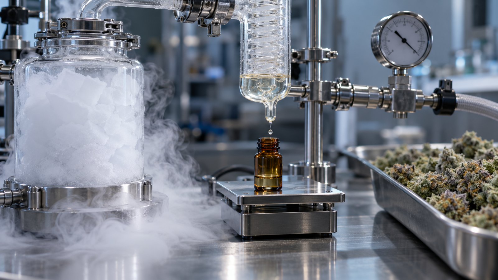 Terpene extraction from cannabis: dry-ice cold trap and glass condenser collecting clear terpene fraction into an amber vial