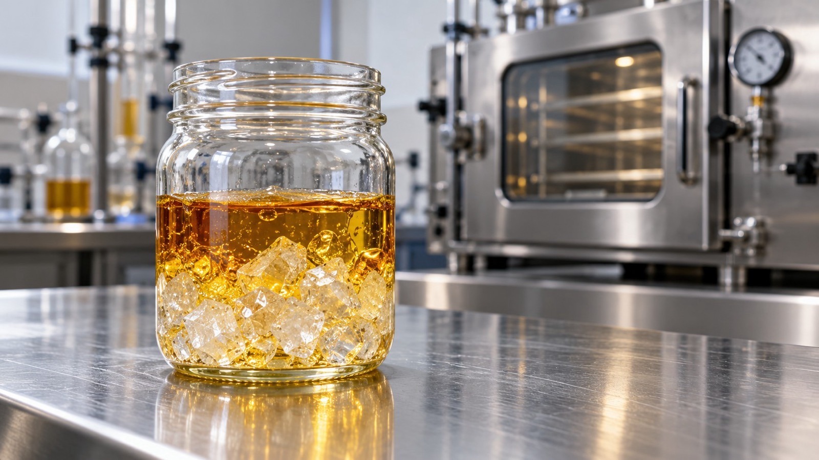 THCA diamonds under golden terpene sauce in a mason jar on a lab bench with a vacuum oven behind, the jar tech method